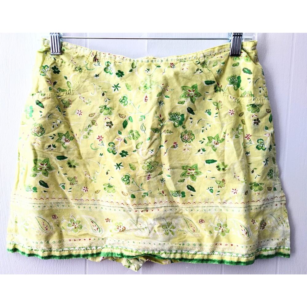 Women Blue Plate Green Floral Pattern Zipper Closure Side Splits 3 Pockets Skort